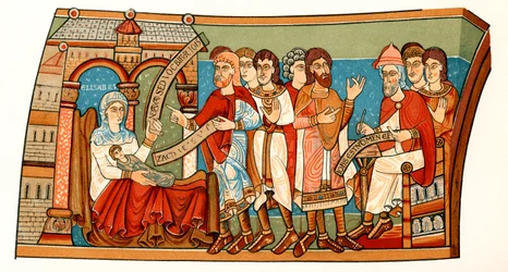 Namngivningen av Johannes Döparen, efter en väggmålning från 1100-talet i kryptan i katedralen i Canterbury, från "A Short History of the English People" av J. R. Green, publicerad 1893.